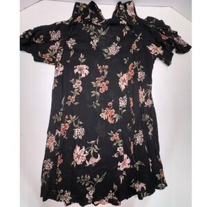 Angie Black Floral Cold Shoulder Mini Dress Tie Neck Boho Rayon Womens Medium